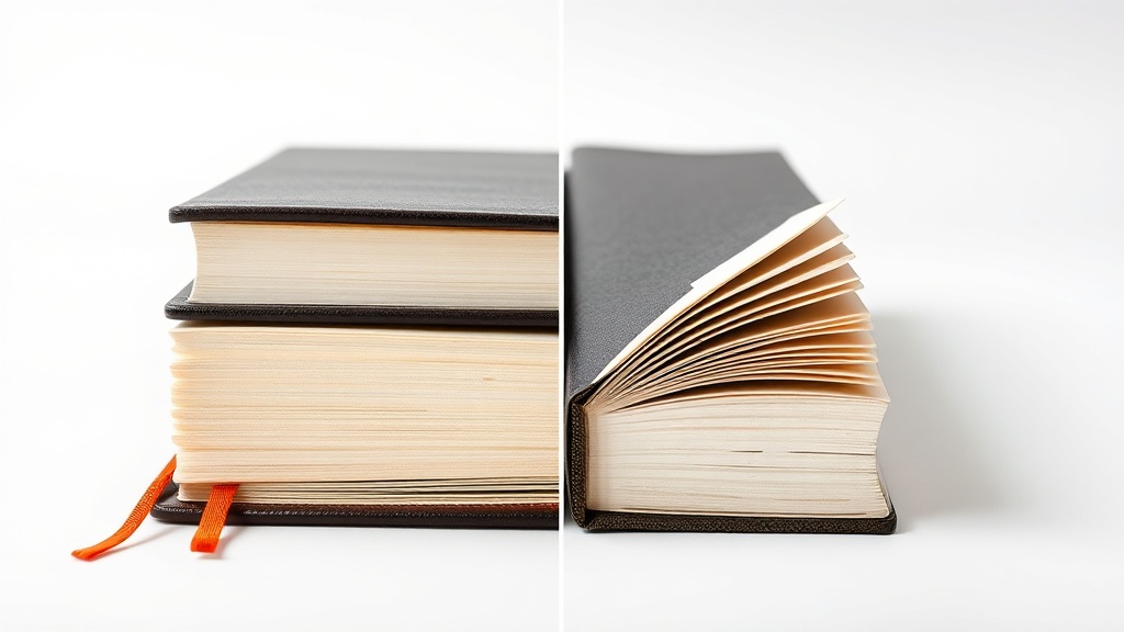 얇은 종이를 사용하여 페이지 수는 많지만 두께는 얇은 다이어리의 단면 비교