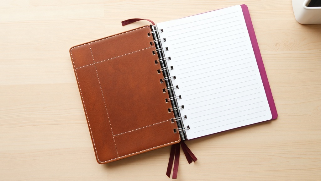 나무 책상 위에 펼쳐진 은색 링 바인더 다이어리와 가죽 커버의 실제본 다이어리가 나란히 놓여 있는 모습
