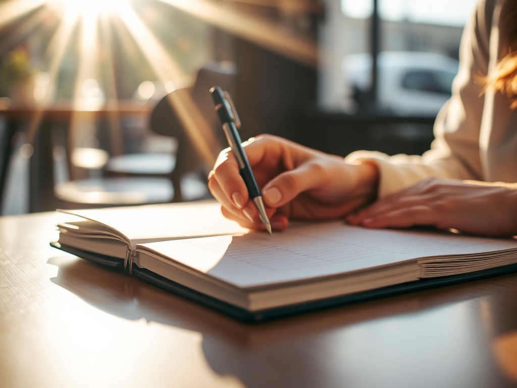 카페 창가에서 햇살을 받으며 다이어리에 펜으로 꼼꼼하게 일정을 기록하고 있는 사람의 손